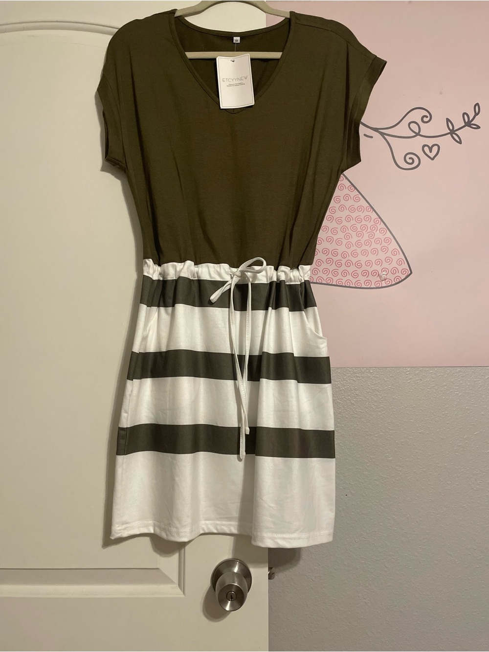 Women’s Olive Green and White Stripe Drawstring Dress